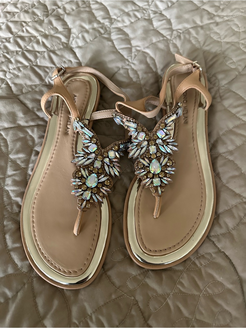 ANTONIO MELANI Blush Crystal T-Strap Sandals